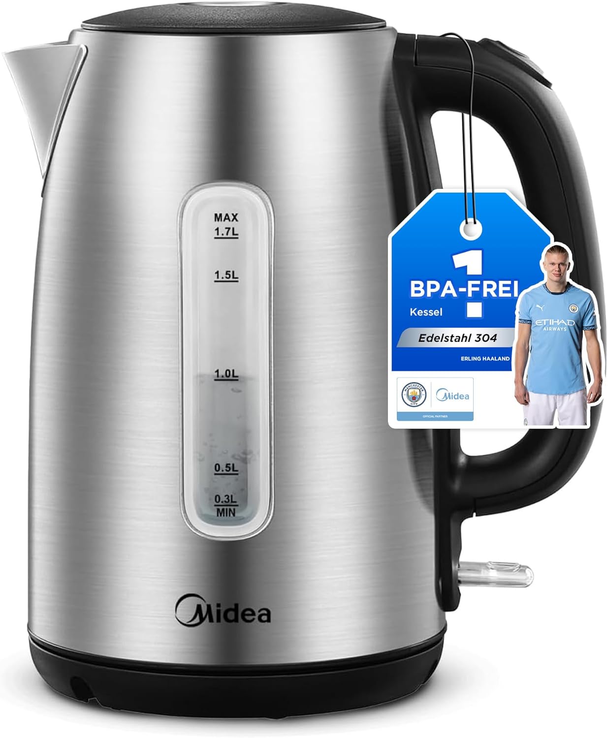 Midea Wasserkocher Edelstahl 1.7L, BPA-freier Wasserkocher, 2200W Schnellkochfunktion, Kettle mit Wasserstandsanzeige, LED-Leuchtanzeige, 360°-Basis, 