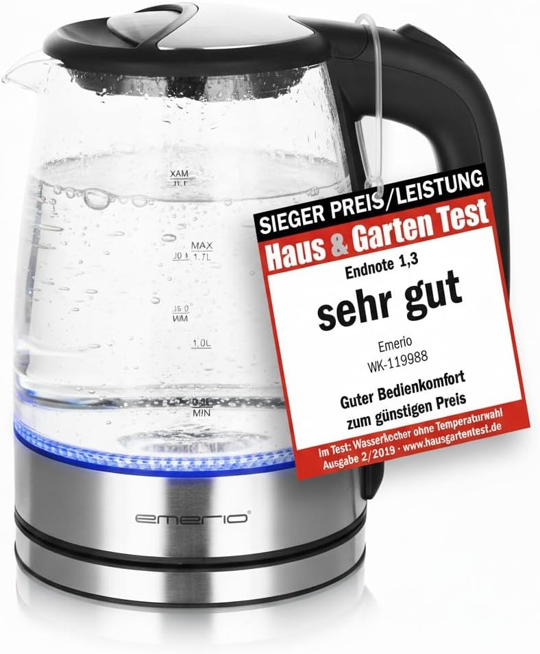 EMERIO Glas Wasserkocher mit 1.7 Liter Volumen | 2200 Watt | blaue LED Innenbeleuchtung | 360° Basis | SIEGER Preis/Leistung Haus &amp; Garten Test | 