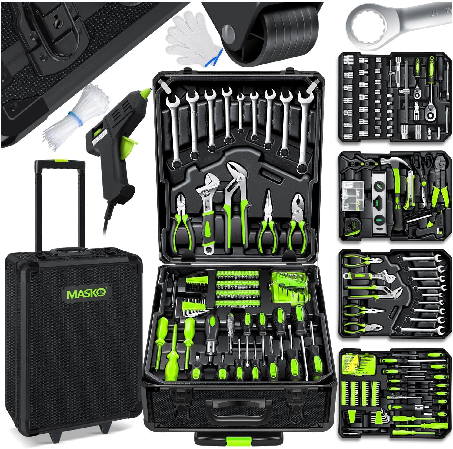 MASKO® Werkzeugkoffer 1400-teilig gefüllt | Werkzeugset im Aluminiumkoffer | Werkzeugkasten mit Rollen | Werkzeugkiste Haushalt, Haus, Hobby, KFZ | Tr