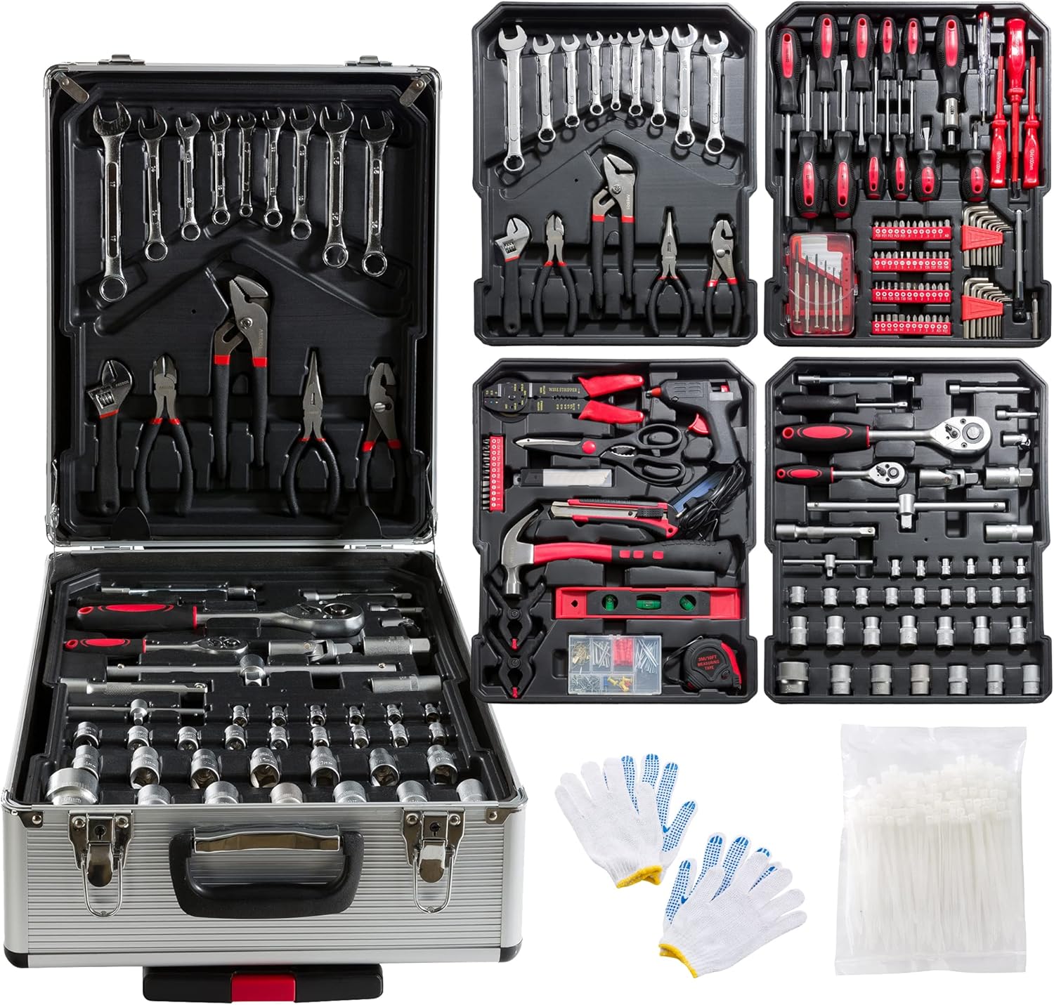 Arebos Aluminium Werkzeugkoffer gefüllt | Werkzeug-Set 1200-tlg | Rollkoffer Tragekoffer | Werkzeugtasche für Haushalt,Garage &amp; Werkstatt | Werkze