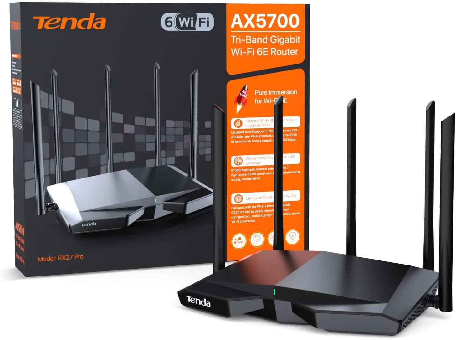 Tenda RX27 Pro WiFi 6E WLAN Router (AX5700 Tri-Band 6GHz:2402Mbps+5GHz: 2402Mbps+2,4GHz:861Mbps), 5 * 6dBi Antennen, Gigabit-Port, MU-MIMO, VPN, IPv6,