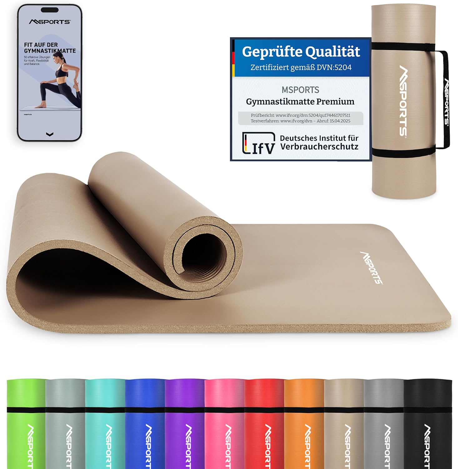MSPORTS Gymnastikmatte Premium inkl. Tragegurt + Übungsposter + Workout App I Hautfreundliche Fitnessmatte 190 x 60 x 1,5 cm - Beige-Caramel - Phthala