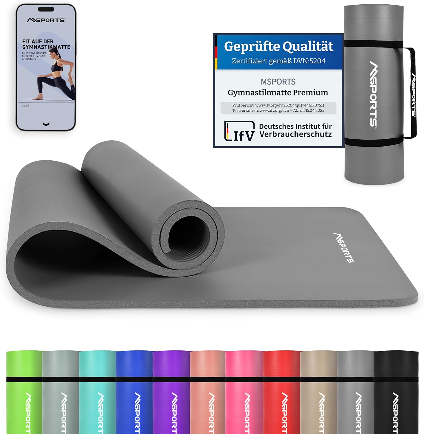MSPORTS Gymnastikmatte Premium inkl. Tragegurt + Übungsposter + Workout App I Hautfreundliche Fitnessmatte 190 x 80 x 1,5 cm - Anthrazit - Phthalatfre